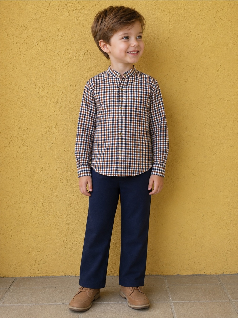 Edgehill Collection Boys Check Mandarin Collar Long Sleeve Shirt and Pants Set 6